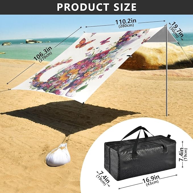 ALAZA Flower Cat Butterfly Beach Tent Sun Shelter Portable Canopy Sunshade for Outdoor Camping Picnics Backyard Fun 10x9 ft
