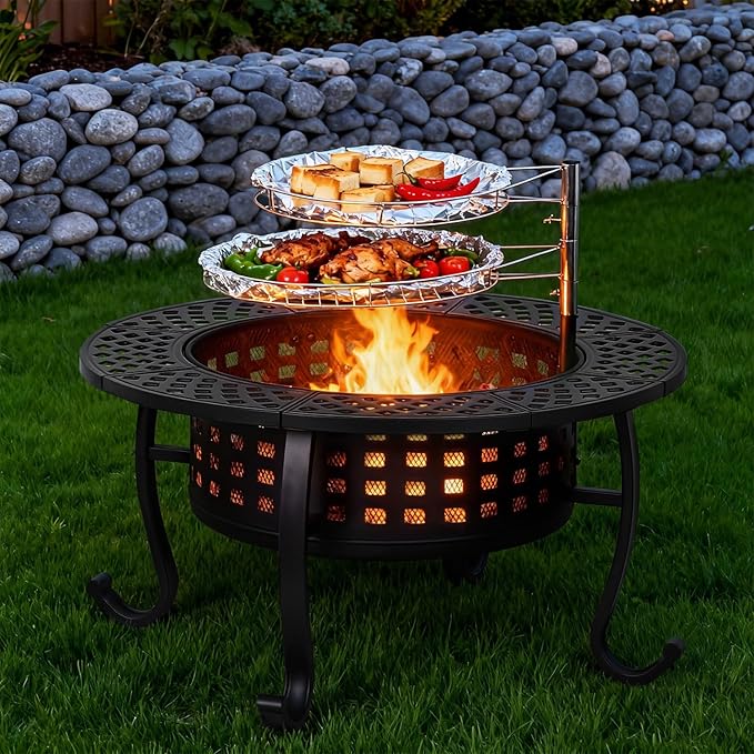 FDW 36 Inch Fire Pit with 2 Adjustable Grills Wood Burning Outdoor Fire Pit with Lid Poker &amp Waterproof Cover 3-in-1 Fire Pit Table for BBQ Bonfire &amp Patio Dining