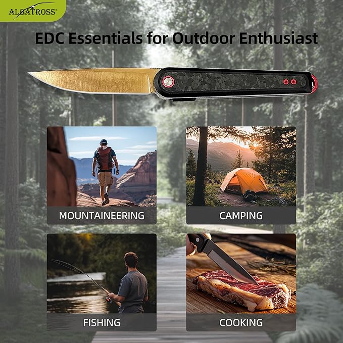 ALBATROSS Collector's Gift for Father's Day Mother's Day Gold Blade Folding Knife 3.3 D2 Steel Black Aluminum &amp Carbon Fiber Reversible Clip CNC Crafted Premium Gift Box