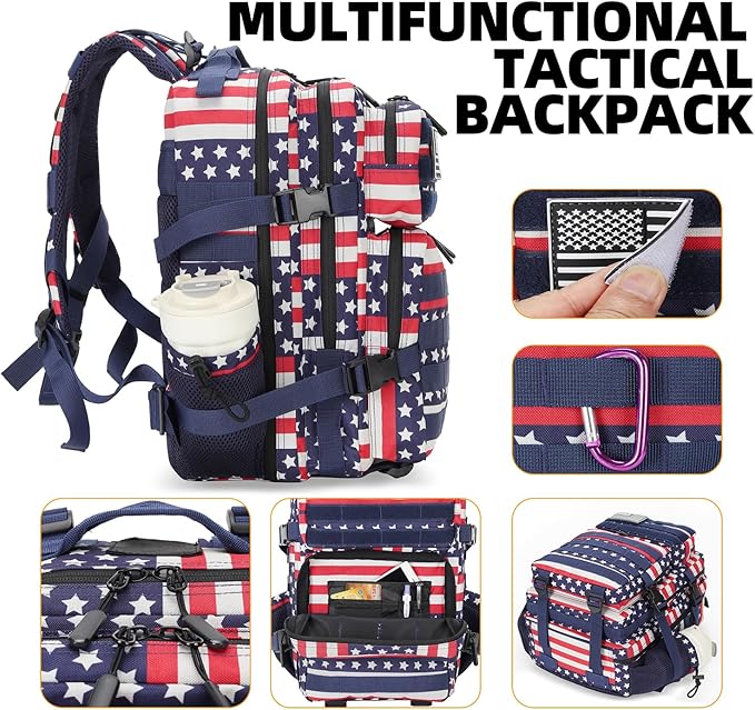 Lovelinks21 25L Tactical Military Backpack Small Travel Backpack for Men and Women Assault Pack Bug Out Bag Molle Daypack Gym Backpack with Bottle Holder (Flag)