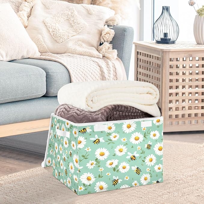 Storage Bins with Lids Storage Containers Box Organizer Bin Basket with Handles for Closet Shelves Clothes Stackable Foldable Decorative Mint Green Daisy Flowers and Bees