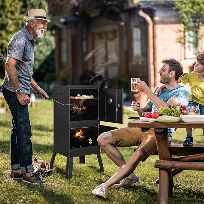 BBQ Smoker Grill with 2 Doors Vertical Charcoal Smoker with 2 Detachable Grill Racks Charcoal Pan &amp Water Pan Outdoor Meat Smoker with Thermometer 4 Air Vents Idea for Parties Backyard
