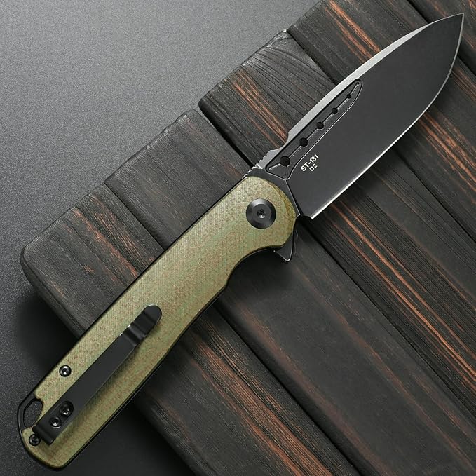 Sitivien ST131 Folding KnifeD2 Blade Micarta Handle EDC Tool Knife with Liner Lock for Outdoor Camping Hiking Fishing(Green)