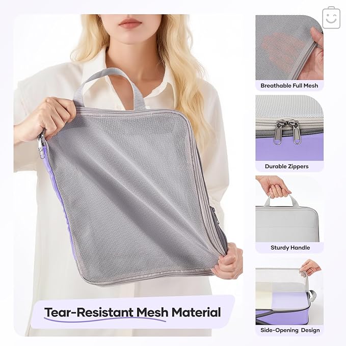 Veken 11 Set Compression Packing Cubes for Travel EssentialsCompressible Expandable Large Luggage Suitcase Organizer Bags for ClothingDurable Space Saver Storage Bags(Light Purple)