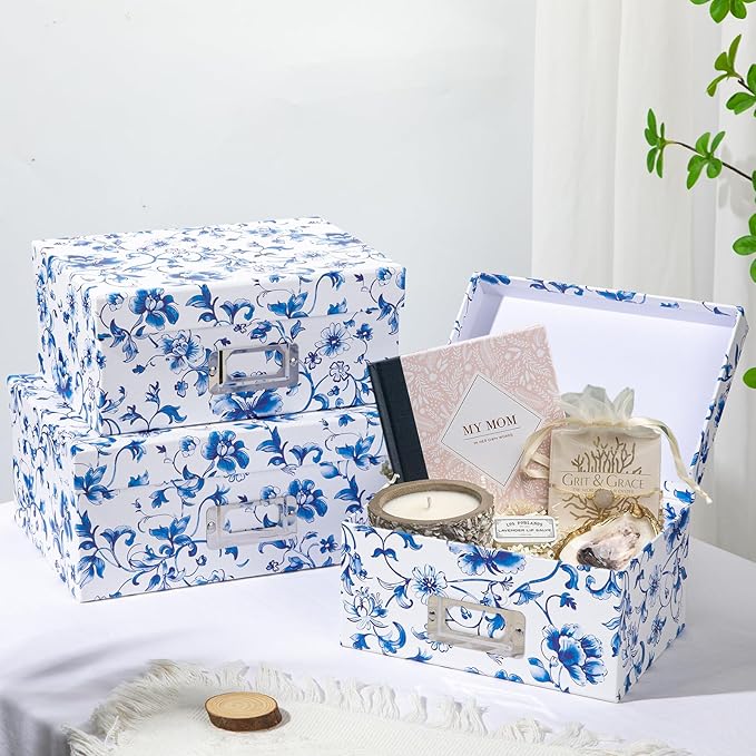 Briful Blue and White Porcelain Storage Boxes with Lids Set of 4 – Chinoiserie Nested Card Photo Storage Box Organizer Decorative Paperboard Box for Closet Office GiftsCosmeticBooks