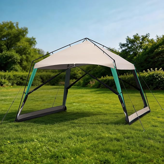 12 x 12 FT Camping Screen Tent for 8-10 Person Easy Setup Screen House with UV 50+ Sun Protection &amp Mosquito Net for Camping Backyard Picnic Patio Outdoor Beige &amp Cyan