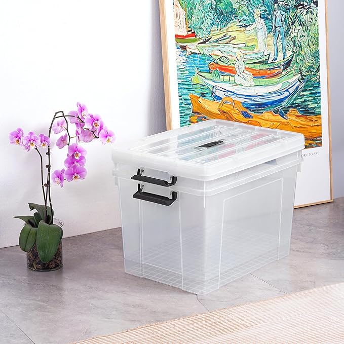 Cetomo Lidded Storage Bin with Handle Tote Organizing Container with Wheels Lid and Secure Latching Buckles Stackable and Nestable Plastic 95 Quart-6 Pack Clear
