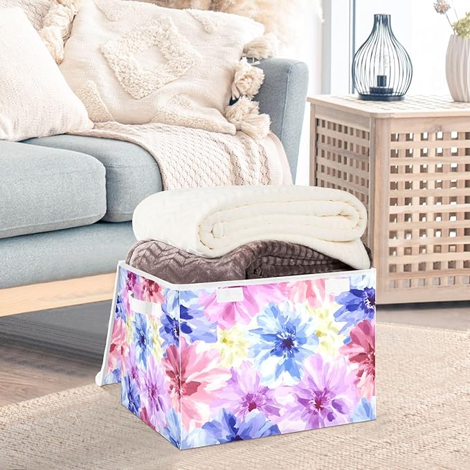 Storage Cube with Lid Flower Blue Red Print 16.5×12.6×11.8 IN 1 Pack Collapsible Large Capacity Foldable Storage Basket Bin Organizer