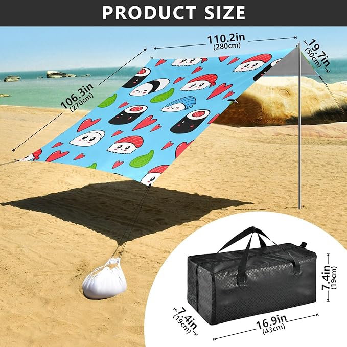 xigua Sushi Beach Tent Sun Shelter with Carrying Bag - Silver Coated Oxford Fabric Beach Canopy for Beach Camping Fishing - Includes Windproof Ropes Sandbags &amp Stakes