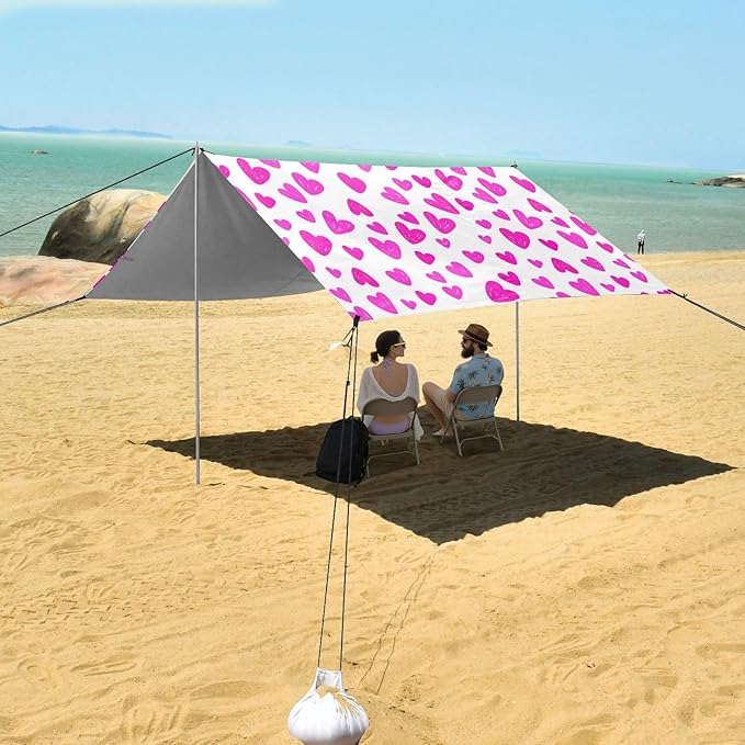 Beach Canopy with Windproof Ropes &amp Sandbags Beach Tent Sun Shade Sun Shelter for Camping Trips Fishing Backyard Fun or Picnics Heart