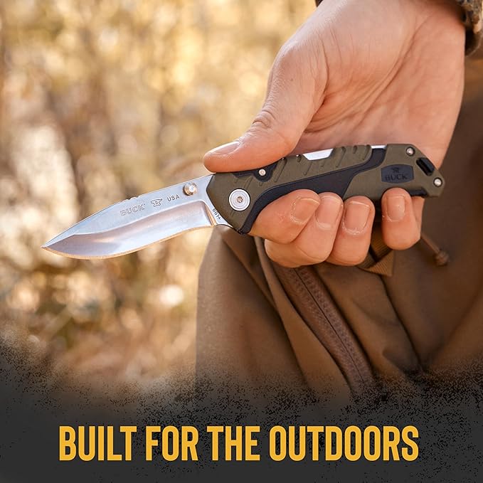 Buck Knives 661 Small Folding Pursuit Hunting Knife 3 Blade Glass Filled Nylon Handle 420HC Stainless Steel Drop Point Blade Sheath Included Knife Made in the USA Green 2.5 oz