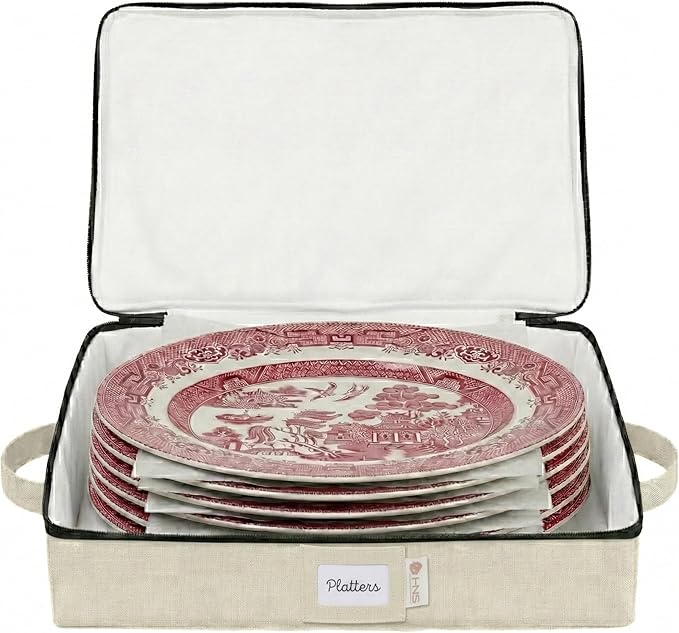 Platter Storage Containers - Hard Shell Protection for Fine China Sturdy Dish Organizer with Dividers for Seasonal Storage Moving &amp More - Protects up to 4 Platters (Beige)