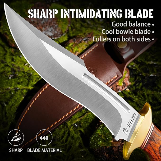 NedFoss SA78 Fixed Blade Knife 12 Inch Wood Handle Bowie Hunting Knife with Leather Sheath for Camping Hiking Survival Bushcraft Knife Gifts for Men Birthday Valentine's Day Christmas