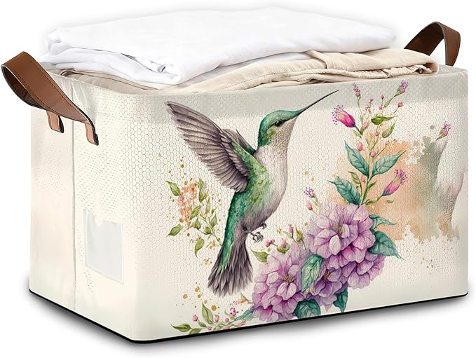 32L Large Storage Bins with Handles Basket Organizer for Shelves Closet Books Laundry &amp Home Decor (Hummingbird Flower)
