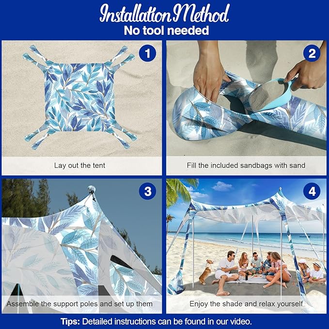 Rhino Valley Beach Tent Shade Canopy UPF50+ Protection 8 Sandbags 4 Stability Poles Outdoor Sun Shelter Umbrella for Sand Camping Fishing Essentials
