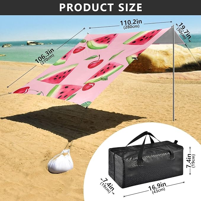 ALAZA Watermelon and Cherry Pattern Beach Tent Sun Shelter Portable Canopy Sunshade for Outdoor Camping Picnics Backyard Fun 10x9 ft