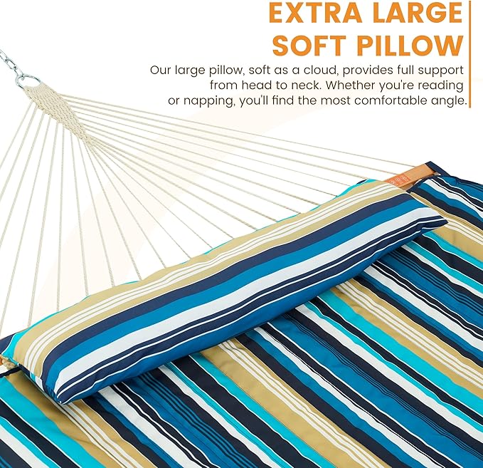 Lazy Daze Hammocks 2 Person Portable Hammock with 12FT Stand Double Hand Woven Cotton Rope Hammock with Detachable Quilted Pad &amp Pillow for Outside 450lb Capacity Beach Stripes