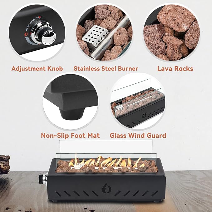 ONLYFIRE OUTDOOR LIVING 18 Propane Gas Fire Pit with Glass Wind Guard &amp Lava Rocks Portable Tabletop Smokeless Firepit Side-Mounted for Patio Backyard Camping Tailgating RV Hose Included FP026