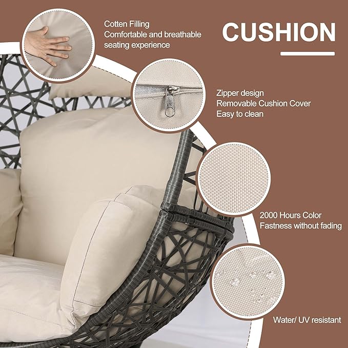 NICESOUL Bird Cage Swing Egg Chair UV/Water-Resistant 450lbs Capacity Wicker Swinging Chairs with Stand Comfy Oversized Hanging Seat w/Cushion Metal Frame &amp Cover for Indoor Outdoor Grey &amp