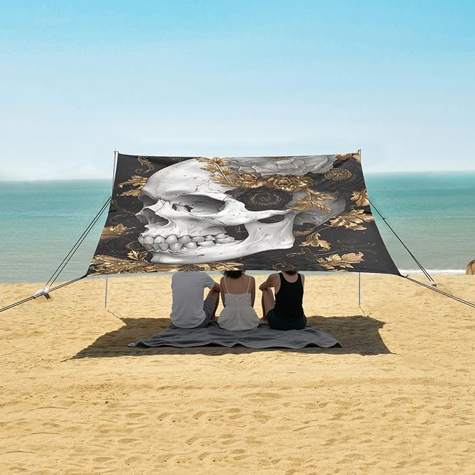 ALAZA Skull Gold Flowers Beach Tent Sun Shelter UPF50+ Protection Beach Shade Canopy w/ 4 Sandbags for Outdoor Camping Fishing Backyard Fun Picnic 10x9 ft