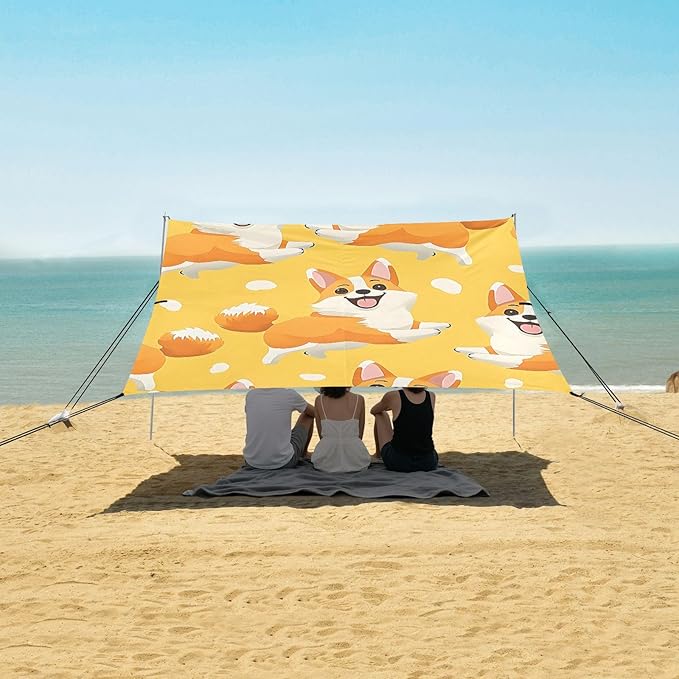 ALAZA Yellow Corgi Dogs Pattern Beach Tent Sun Shelter Portable Canopy Sunshade for Outdoor Camping Picnics Backyard Fun 10x9 ft