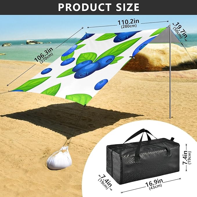 Beach Canopy with Windproof Ropes &amp Sandbags Beach Tent Sun Shade Sun Shelter for Camping Trips Fishing Backyard Fun or Picnics Blueberries