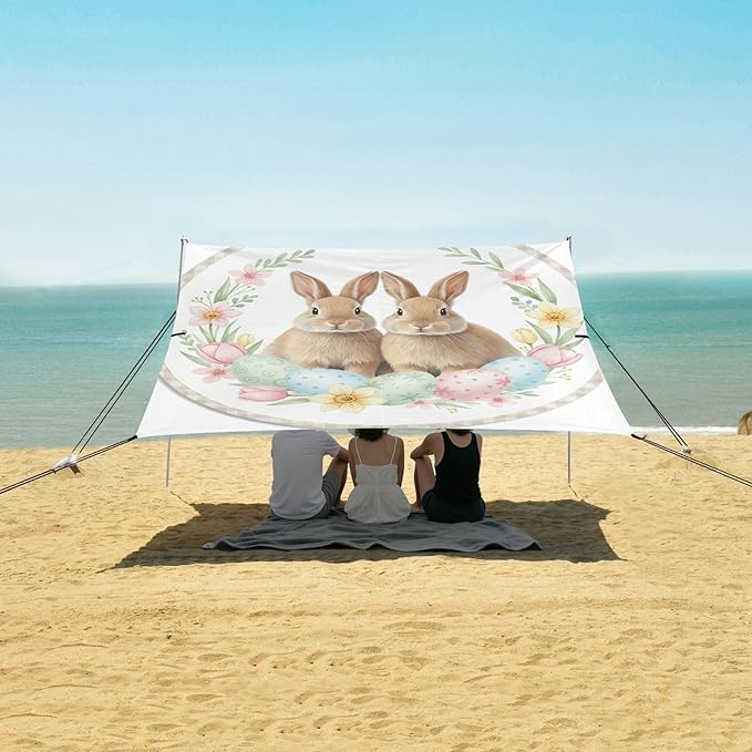 Beach Canopy with Windproof Ropes &amp Sandbags Beach Tent Sun Shade Sun Shelter for Camping Trips Fishing Backyard Fun or Picnics Easter Rabbit