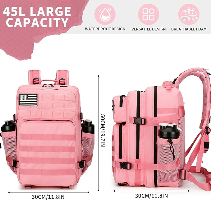 45L Military Tactical Backpacks 3 Days Assault Pack Bag Fitness Rucksack 3 Day Bug Out Bag Hiking Treeking Molle Daypack (Pink2)