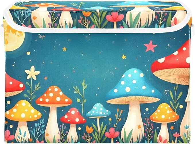 Storage Cube with Lid Night Mushroom Cartoon Print 16.5×12.6×11.8 IN Collapsible Large Capacity Foldable Storage Basket Bin Organizer