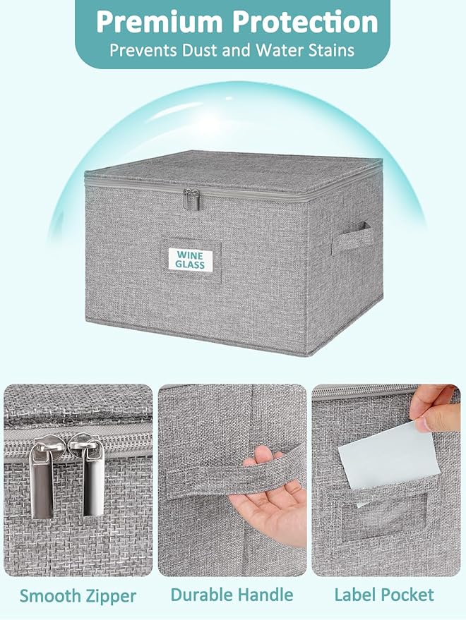 Cirhy Wine Glass Storage Box Hard Shell 10'' Tall Stemware Storage Containers for Moving Holds 24 Crystal Glasses &amp Flutes Stackable Glassware Chest with Dividers Grey (2-Pack)