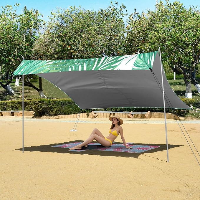 xigua Leaf Beach Tent Sun Shelter with Carrying Bag - Silver Coated Oxford Fabric Beach Canopy for Beach Camping Fishing - Includes Windproof Ropes Sandbags &amp Stakes