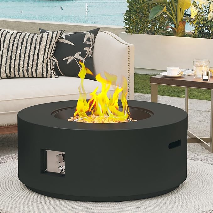 32.5 Inch Propane Fire Pit Table 50000 BTU Round Patio Fire Pit Table Outdoor CSA Certified Stainless Burner with Steel Lid Waterproof Cover &amp Lava Rocks for Garden Backyard Black