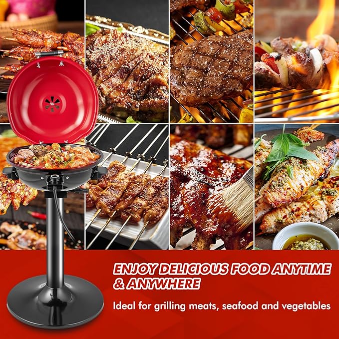 HAPPYGRILL Electric Grill Outdoor 1600W Barbecue 15-Serving for Indoor &amp Outdoor Use Portable Stand BBQ Grill for Cooking Patio Kitchen Garden Red
