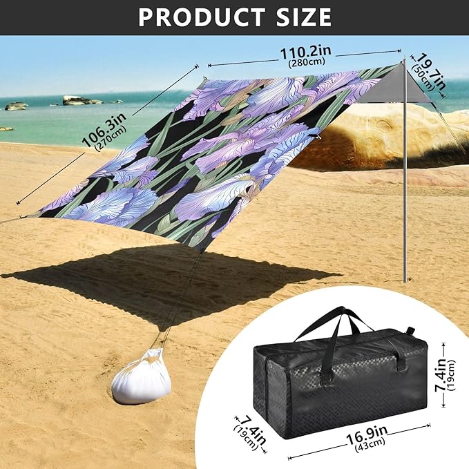 ALAZA Purple Iris Flowers Floral Beach Tent Sun Shelter UPF50+ Protection Beach Shade Canopy w/ 4 Sandbags for Outdoor Camping Fishing Backyard Fun Picnic 10x9 ft