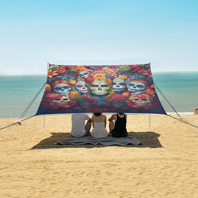 ALAZA Sugar Skulls Day of Dead Beach Tent Sun Shelter UPF50+ Protection Beach Shade Canopy w/ 4 Sandbags for Outdoor Camping Fishing Backyard Fun Picnic 10x9 ft