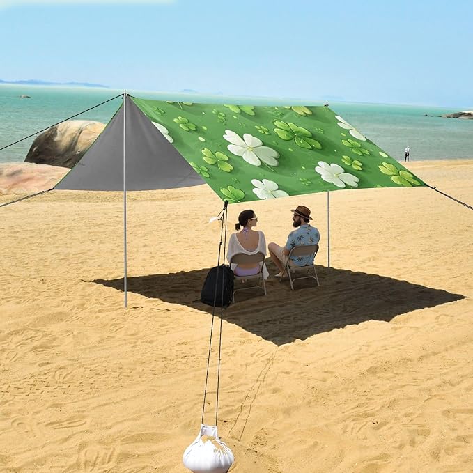 St Patrick's Day Clovers White Green Beach Tent Sun Shelter Set UPF50+ UV Protection 10.5 x 9.19 FT Camping Shade Canopy with Sandbags Sand Anchors Carrying Bag and Others
