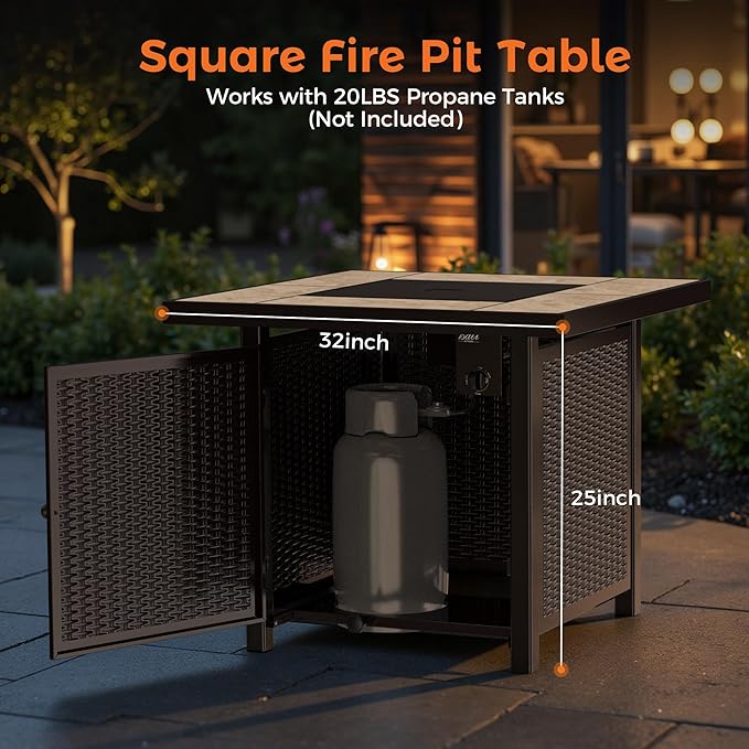 BALI OUTDOORS Propane Gas Fire Pit Table 32 inch 50000 BTU Square Gas Firepits for Outside Brown