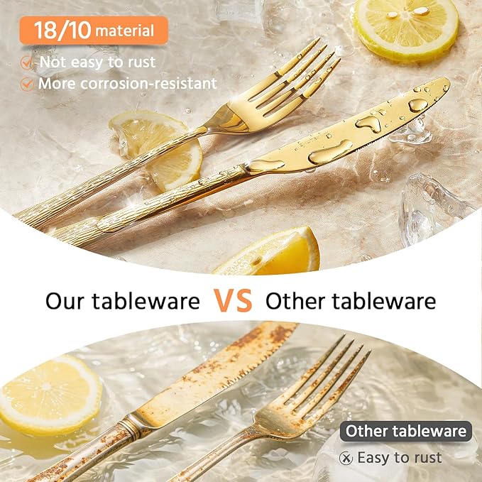 KINGSTONE Gold Hammered Silverware Set Flatware Set with Serving Utensils 18/10 Stainless Steel Premium Cutlery with Unique Ripple Handles Design Mirror Polished - Dishwasher Safe (65-Piece)