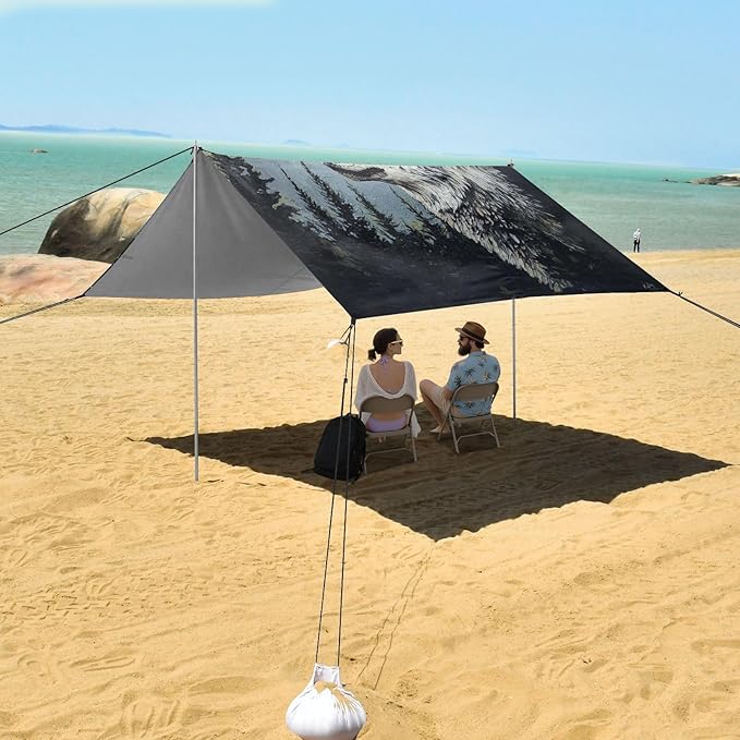 ALAZA Wolf Starry Sky Moon Beach Tent Sun Shelter UPF50+ Protection Beach Shade Canopy w/ 4 Sandbags for Outdoor Camping Fishing Backyard Fun Picnic 10x9 ft