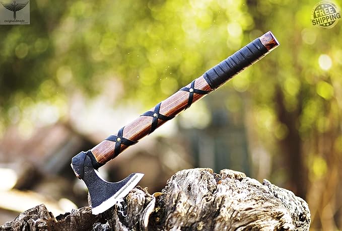 Custom Gift Forged Carbon Steel Viking Axe with Rose Wood Shaft Viking Bearded Camping Axe &amp Hatchet Birthday Gift for Him Ragnar Axe axis (Ragnar)
