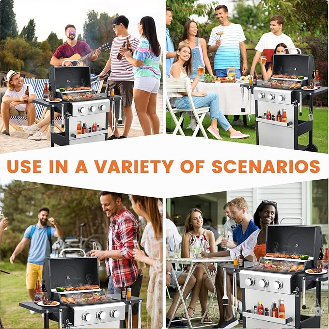 3-Burner Propane Gas BBQ Grill 25650BTU Stainless Steel Barbecue Grill With Wire Enamel Cooking Grids Foldable Side Table for Outdoor Camping (Style10 : 3 Burner)