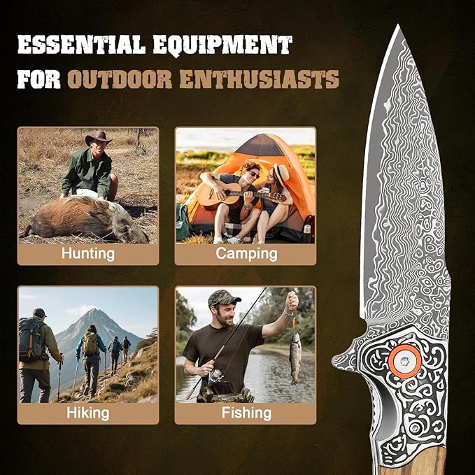 Damascus Pocket Knife For Men Folding Knife With Clip &amp 3.34 Damascus Steel Blade EDC Pocket Knife with Zebra Wood Handle for Camping Hunting Outdoor
