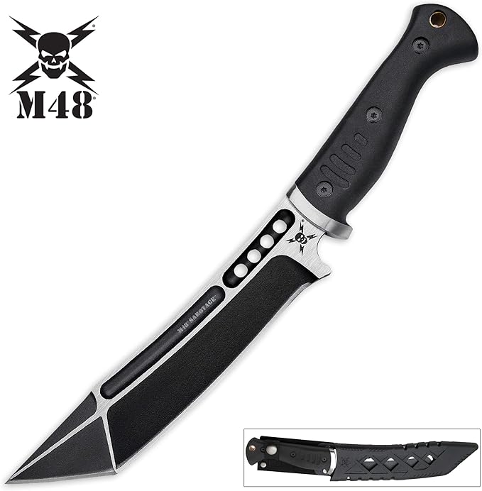 M48 Sabotage Tanto Fighter Knife – Black Oxide Coated Stainless Steel Blade Injection Molded TPR Handle Vortec Blade Cover - A New Age of Tanto Knife for the Modern User