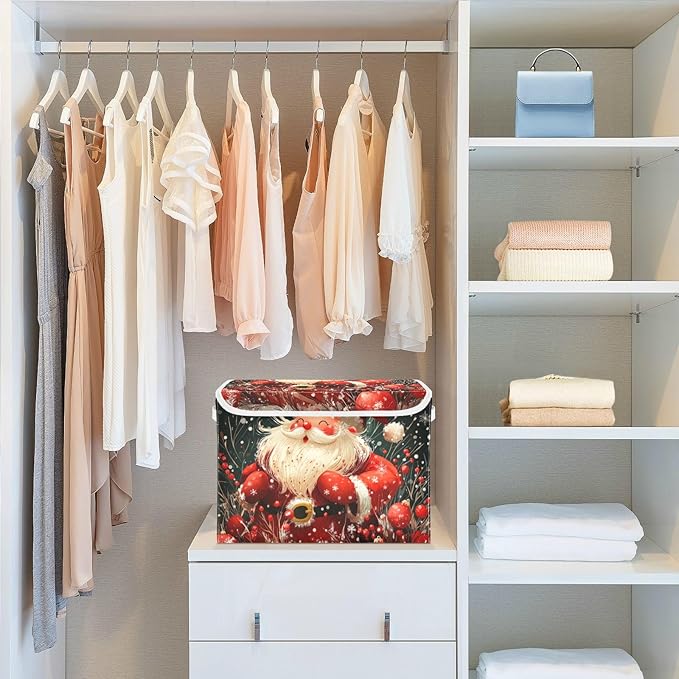 Collapsible Storage Bins with Lids Decorative Fabric Storage Cubes Closet Organizer and Storage Basket Boxes Containers for Clothes Box Chest Nursery Folding Rectangle Red Christmas Sante Cla