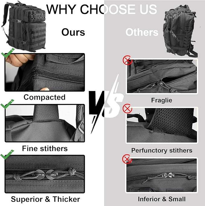 45L Military Tactical Backpacks For Men Camping Hiking Trekking Daypack With Removable Water Bottle Pouch Bug Out Bag Lage MOLLE 3 Day Assault Pack - Balck Army Pack