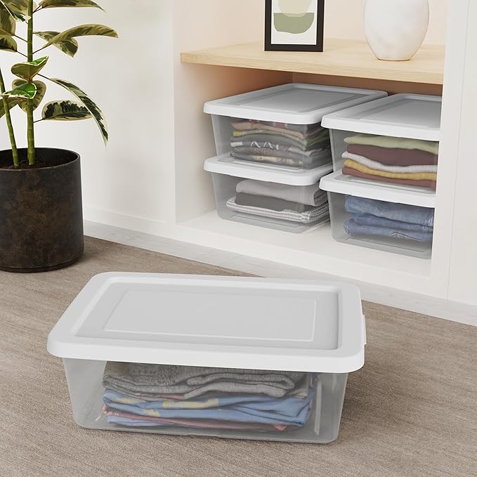 Sterilite 30 Pack Storage Box 12 Quart Stackable Tote Clear Plastic Container with Secure Snapping Lids for Home and Office Organization White