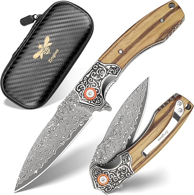 Damascus Pocket Knife For Men Folding Knife With Clip &amp 3.34 Damascus Steel Blade EDC Pocket Knife with Zebra Wood Handle for Camping Hunting Outdoor