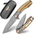Damascus Pocket Knife For Men Folding Knife With Clip &amp 3.34 Damascus Steel Blade EDC Pocket Knife with Zebra Wood Handle for Camping Hunting Outdoor