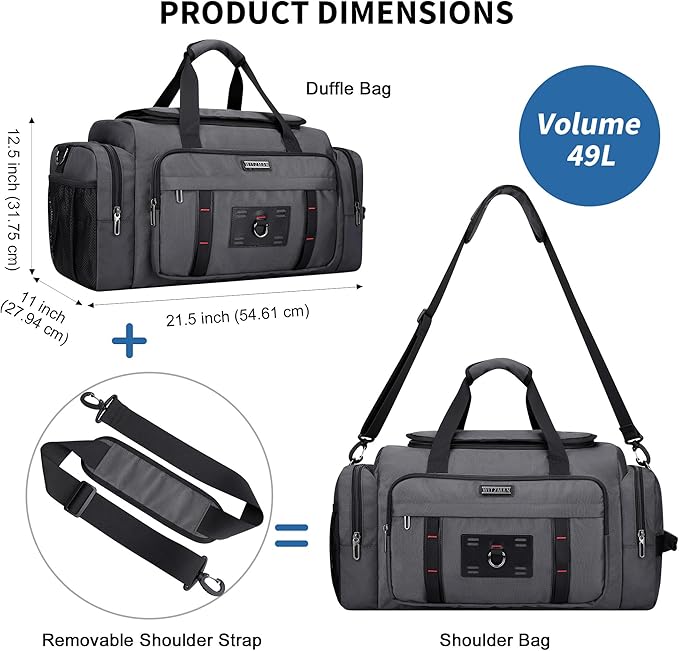 WITZMAN Duffle Bag for Men Large Overnight Carry On Weekender Bag with Shoe Compartment Sports Gym Duffle Bags for Traveling(B719 Silvery Grey)