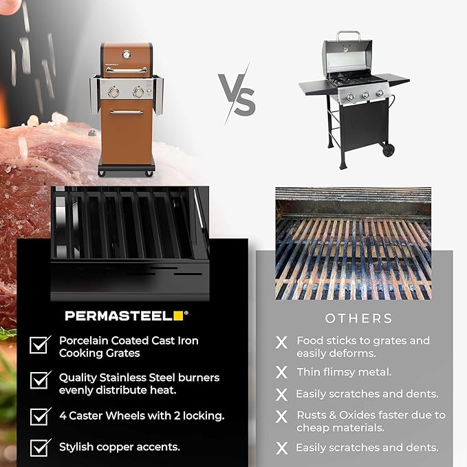 Permasteel 2-Burner Propane Gas Grill BBQ Grill with Foldable Side Tables &amp Tool Hooks Perfect for Outdoor Cooking Patio &amp Garden Copper